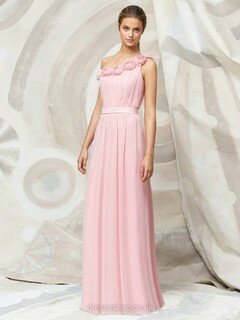 Sweet One Shoulder Pink Chiffon Flower(s) Floor-length Bridesmaid Dress #01011878