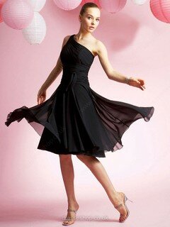 One Shoulder Ruffles Chiffon For Less Knee-length Black Bridesmaid Dresses #01012003