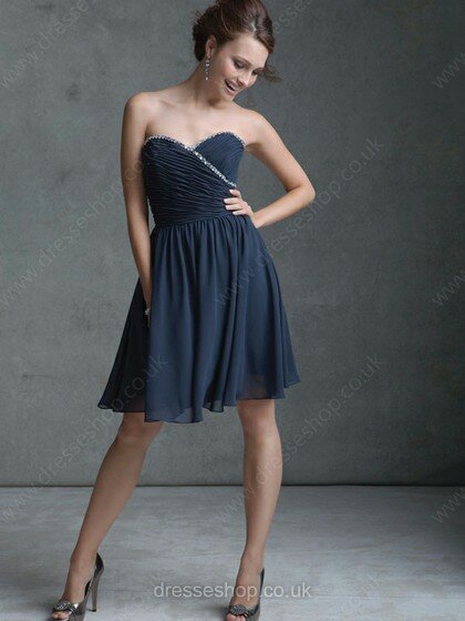 Girls Sweetheart Chiffon Short/Mini Beading Dark Navy Bridesmaid Dress #01012050