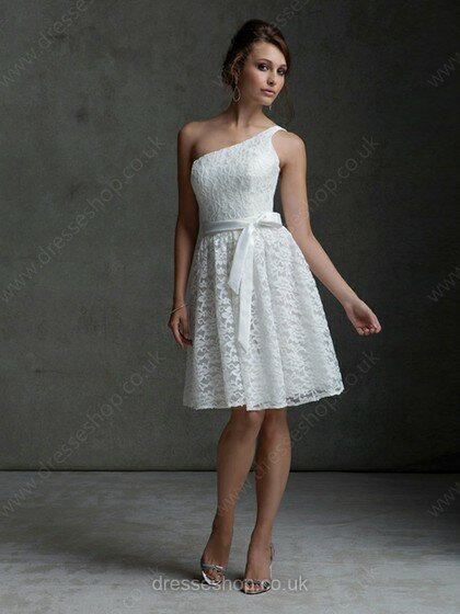 Unique One Shoulder Knee-length Sashes/Ribbons Ivory Lace Bridesmaid Dress #01012067