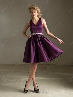 A-line V-neck Satin Short/Mini Beading Bridesmaid Dresses #01012071