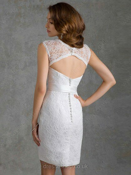 Sheath/Column White Lace Sashes / Ribbons Short/Mini Backless Bridesmaid Dresses #01012078