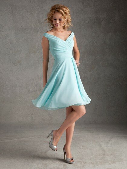 Off-the-shoulder Ruffles Chiffon Cute Blue Short/Mini Bridesmaid Dress #01012079