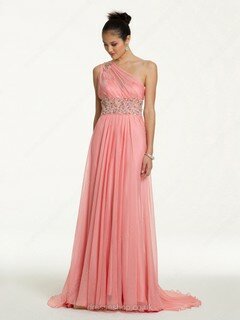 A-line One Shoulder Chiffon Sweep Train Beading Formal Evening Dresses #02011999
