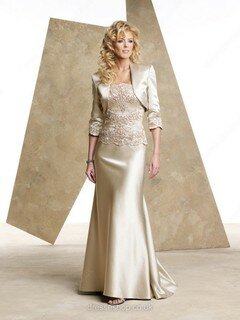 Champagne Strapless Satin with Appliques Lace Sheath/Column Coolest Mother of the Bride Dress #01021244