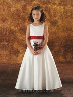 A-line White Satin Sashes/Ribbons Covered Button Ankle-length Flower Girl Dress #01031434