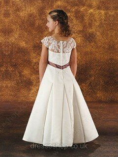 Short Sleeve Satin with Lace White Square Neckline Ankle-length Flower Girl Dress #01031435
