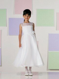 Scoop Neck Organza with Flower(s) White For Less Tea-length Flower Girl Dress #01031438