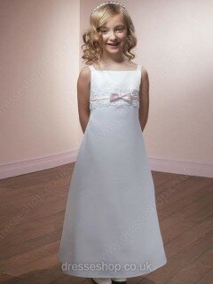 Discount Square Neckline Satin with Bow White Ankle-length Flower Girl Dress #01031441