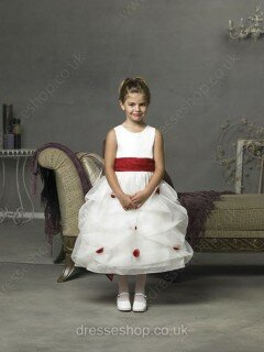Organza Ball Gown Tea-length with Sashes/Ribbons Beautiful White Flower Girl Dresses #01031448