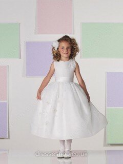 Tea-length White Organza Appliques Lace Ball Gown Flower Girl Dresses #01031459