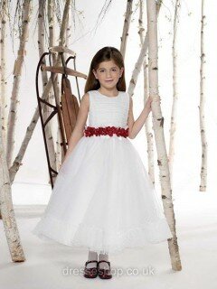 Tulle Ankle-length Sashes/Ribbons Girls White Ball Gown Flower Girl Dress #01031462