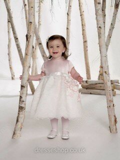 Pearl Pink Ball Gown Organza Tea-length Sashes/Ribbons Short Sleeve Flower Girl Dresses #01031464