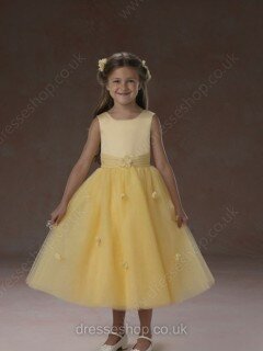 Daffodil Scoop Neck Tulle Sashes/Ribbons Tea-length Pretty Flower Girl Dresses #01031468