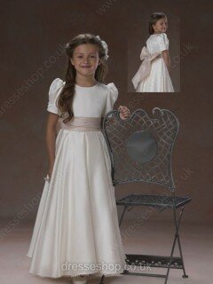Short Sleeve Scoop Neck White Satin Bow Ankle-length Flower Girl Dresses #01031469