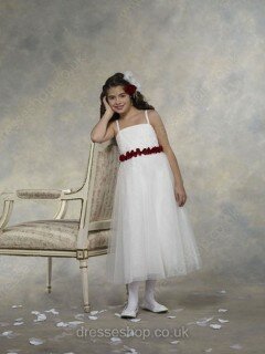 Top White Tulle Sashes/Ribbons Square Neckline Tea-length Flower Girl Dresses #01031474