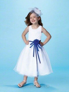 Scoop Neck Amazing White Organza Sashes/Ribbons Tea-length Flower Girl Dresses #01031475