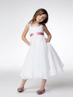 Square Neckline Top White Chiffon Sashes/Ribbons Tea-length Flower Girl Dress #01031482