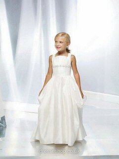 White Taffeta with Beading A-line Square Neckline Beautiful Flower Girl Dress #01031515