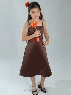 Wholesale Chocolate Satin Sashes/Ribbons Tea-length Square Neckline Flower Girl Dresses #01031519