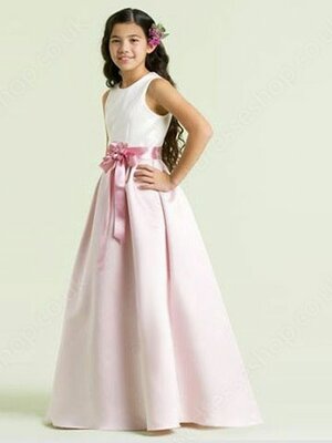A-line Scoop Satin Floor-length Sashes / Ribbons Junior Bridesmaid Dresses#01040028