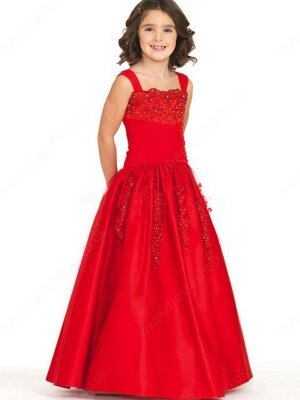 Ball Gown Straps Satin Floor-length Appliques Junior Bridesmaid Dresses#01040046