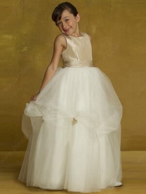 Ball Gown Bateau Tulle Taffeta Floor-length Flower(s) Junior Bridesmaid Dresses#01040051