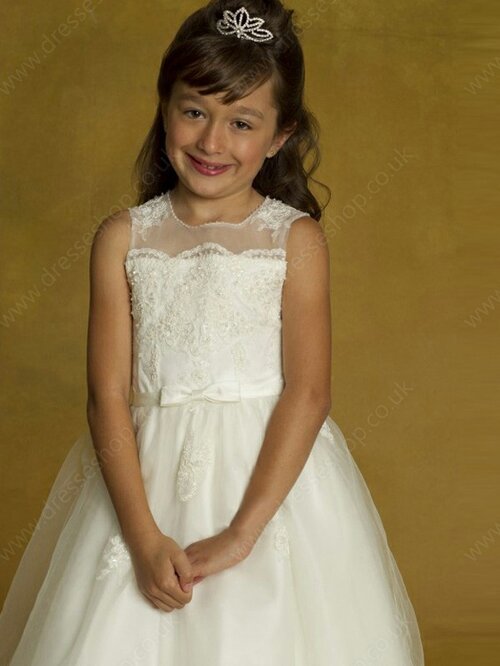 A-line Scoop Tulle Floor-length Lace Junior Bridesmaid Dresses #01040052