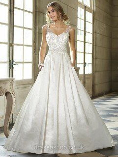 Sweep Train Ivory Satin Beading Open Back Ball Gown Wedding Dresses #00016562