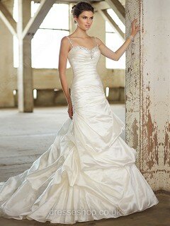 Sweetheart White Satin Beading Spaghetti Straps Sheath/Column Wedding Dress #00016564