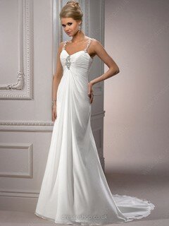 Empire White Chiffon Court Train Beading Open Back V-neck Wedding Dress #00016568