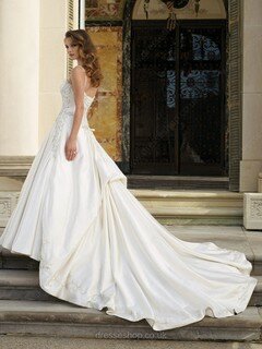 A-line Spaghetti Straps Satin Court Train White Beading Wedding Dresses #00016582