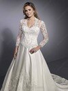 V-neck Ivory Satin Court Train Beading 3/4 Sleeve Wedding Dress #00016585