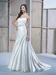 A-line Sweetheart Satin Sweep Train Ivory Ruffles Wedding Dresses #00016601