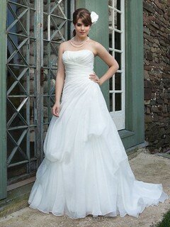 A-line Strapless White Chiffon Draped Lace-up For Less Wedding Dress #00016612