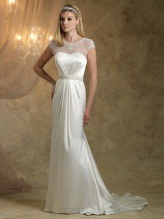 Scoop Neck White Satin with Beading Affordable Sheath/Column Wedding Dresses #00016645