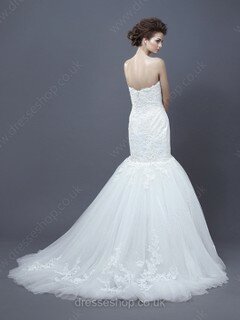 Strapless Tulle Appliques Lace Affordable White Trumpet/Mermaid Wedding Dresses #00016679