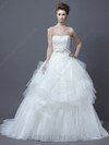 Ball Gown Strapless Tulle Satin Sweep Train White Appliques Wedding Dresses #00016687