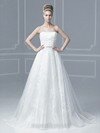 A-line Strapless Tulle Satin Sweep Train White Lace Wedding Dresses #00016694
