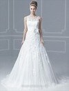 Princess Scoop Tulle Satin Sweep Train White Flowers Wedding Dresses #00016706