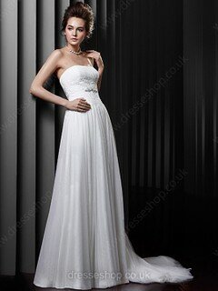 A-line Strapless Tulle Sweep Train White Lace Wedding Dresses