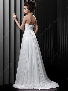 A-line Strapless Tulle Sweep Train White Lace Wedding Dresses #00016724
