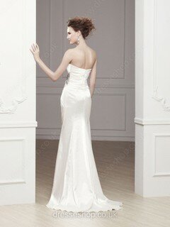 Sheath/Column Strapless Elastic Woven Satin Sweep Train White Split Front Wedding Dresses #00016730