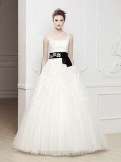 Ball Gown Scoop Tulle Satin Floor-length Ivory Sashes / Ribbons Wedding Dresses #00016734