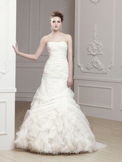 Elegant Trumpet/Mermaid White Tulle Sashes / Ribbons Strapless Wedding Dresses #00016737