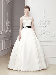 Amazing Ball Gown Ivory Satin Sashes / Ribbons Scalloped Neck Wedding Dresses #00016738