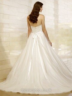 Ball Gown Strapless Tulle Satin Sweep Train White Flowers Wedding Dresses #00016748