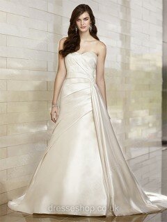 A-line Ivory Satin Lace-up Ruffles Sweep Train Wedding Dresses #00016762