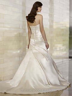 A-line Ivory Satin Lace-up Ruffles Sweep Train Wedding Dresses #00016762