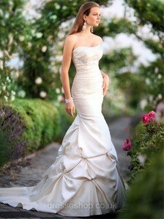 Trumpet/Mermaid Strapless Pick-Ups Lace-up Satin Ivory Wedding Dress #00016790